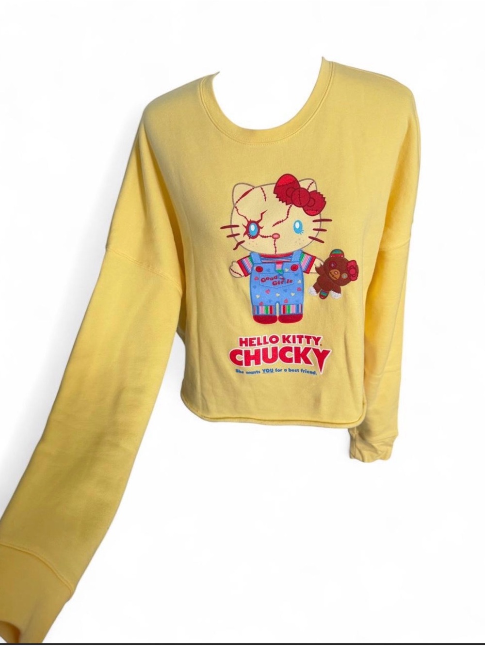 Hello Kitty x Chucky Yellow Graphic Cropped Crewneck Sweatshirt